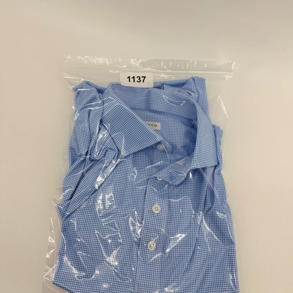 Collars & Co Mens Small Blue Houndstooth Short Sleeve English Spread Collar Polo